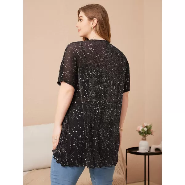 WDIRARA Women's Plus Size Star Print Mesh Glitter Round Neck Short Sleeve Oversized Tee Top