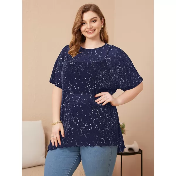 WDIRARA Women's Plus Size Star Print Mesh Glitter Round Neck Short Sleeve Oversized Tee Top