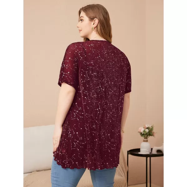 WDIRARA Women's Plus Size Star Print Mesh Glitter Round Neck Short Sleeve Oversized Tee Top
