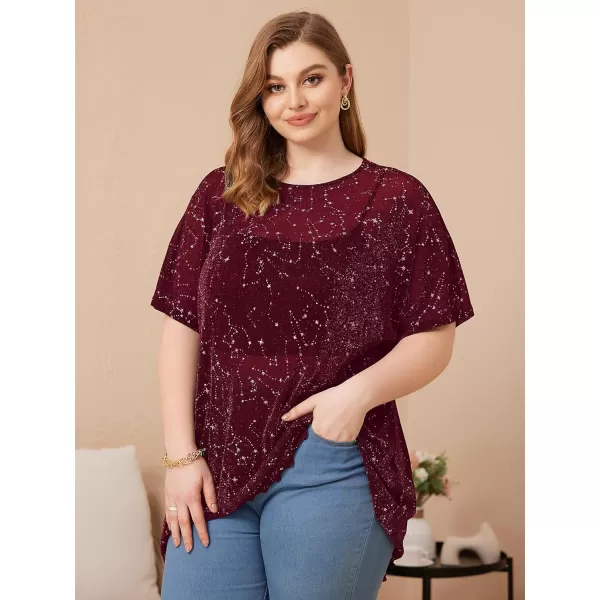 WDIRARA Women's Plus Size Star Print Mesh Glitter Round Neck Short Sleeve Oversized Tee Top