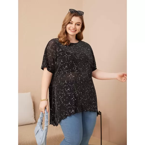 WDIRARA Women's Plus Size Star Print Mesh Glitter Round Neck Short Sleeve Oversized Tee Top