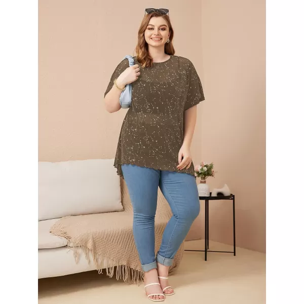 WDIRARA Women's Plus Size Star Print Mesh Glitter Round Neck Short Sleeve Oversized Tee Top