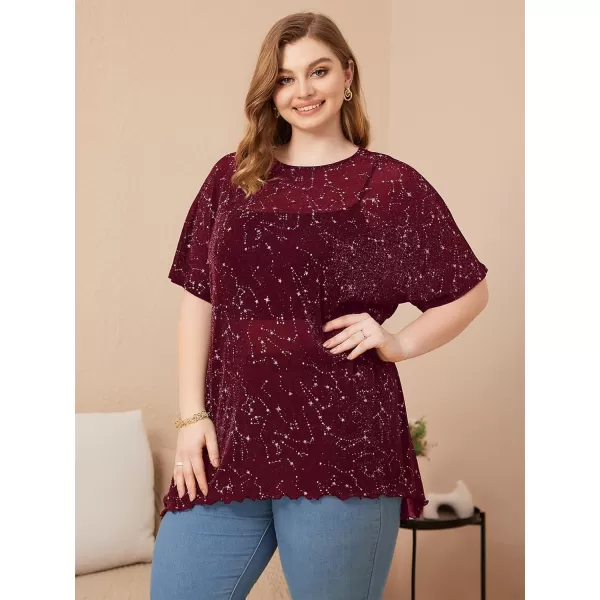 WDIRARA Women's Plus Size Star Print Mesh Glitter Round Neck Short Sleeve Oversized Tee Top