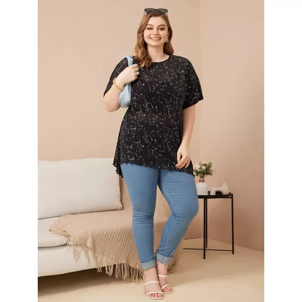 WDIRARA Women's Plus Size Star Print Mesh Glitter Round Neck Short Sleeve Oversized Tee Top