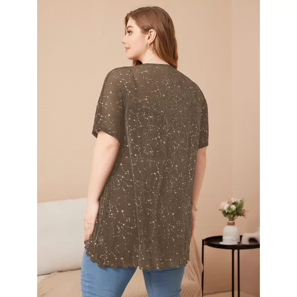 WDIRARA Women's Plus Size Star Print Mesh Glitter Round Neck Short Sleeve Oversized Tee Top