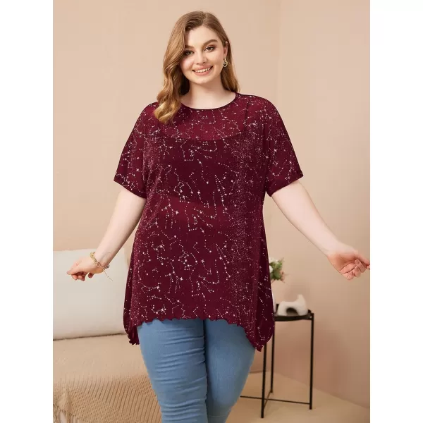 WDIRARA Women's Plus Size Star Print Mesh Glitter Round Neck Short Sleeve Oversized Tee Top