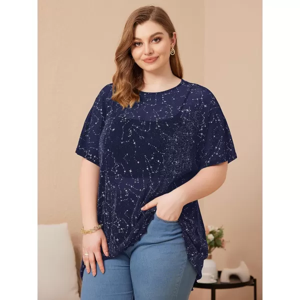WDIRARA Women's Plus Size Star Print Mesh Glitter Round Neck Short Sleeve Oversized Tee Top