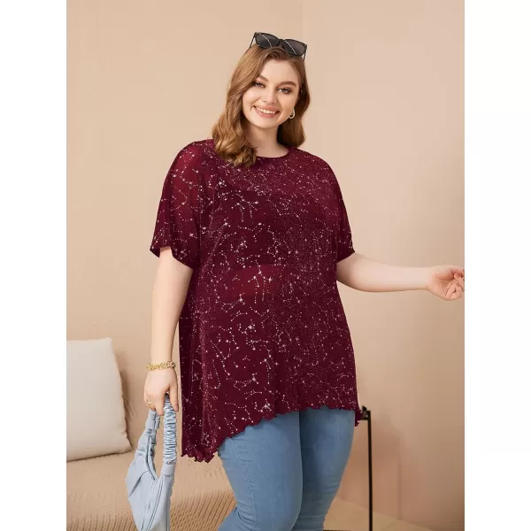 WDIRARA Women's Plus Size Star Print Mesh Glitter Round Neck Short Sleeve Oversized Tee Top