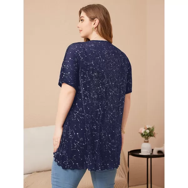 WDIRARA Women's Plus Size Star Print Mesh Glitter Round Neck Short Sleeve Oversized Tee Top