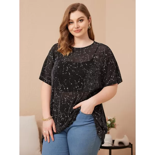 WDIRARA Women's Plus Size Star Print Mesh Glitter Round Neck Short Sleeve Oversized Tee Top