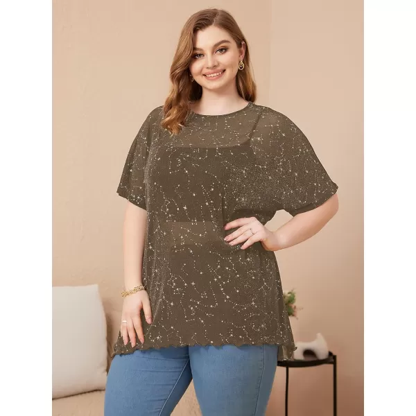 WDIRARA Women's Plus Size Star Print Mesh Glitter Round Neck Short Sleeve Oversized Tee Top