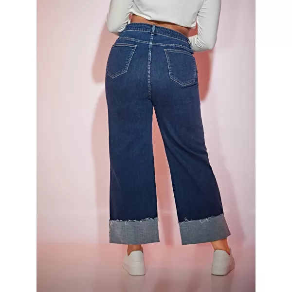 WDIRARA Women's Plus Size Straight Denim High Waisted Baggy Wide Leg Raw Hem Casual Jeans with Pocket
