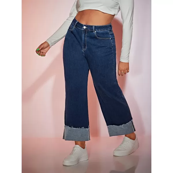 WDIRARA Women's Plus Size Straight Denim High Waisted Baggy Wide Leg Raw Hem Casual Jeans with Pocket