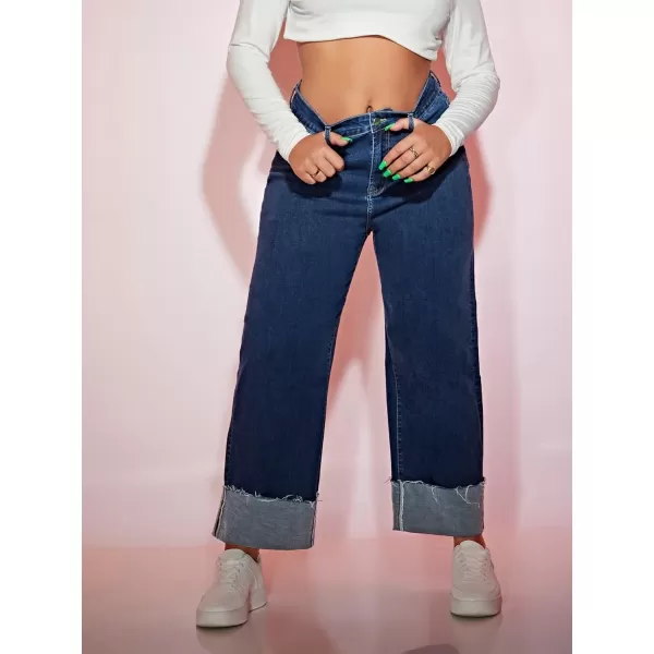 WDIRARA Women's Plus Size Straight Denim High Waisted Baggy Wide Leg Raw Hem Casual Jeans with Pocket
