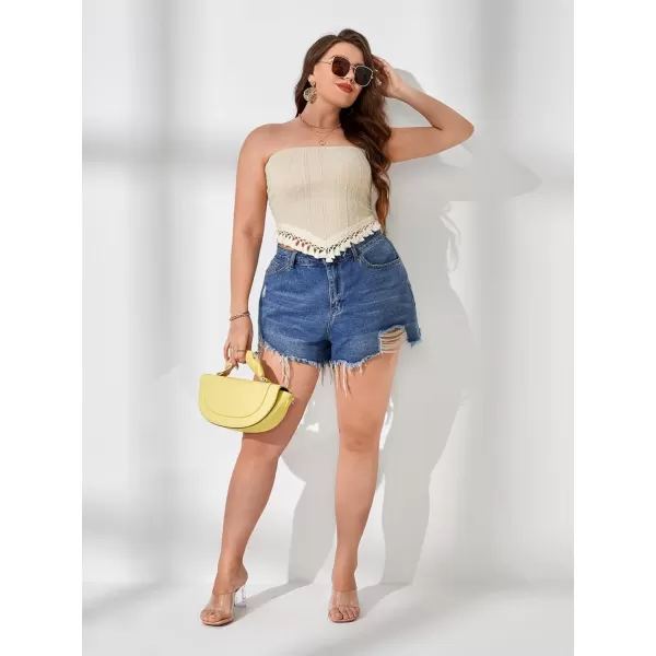 WDIRARA Women's Plus Size Strapless Asymmetrical Fringe Hem Crop Tube Top