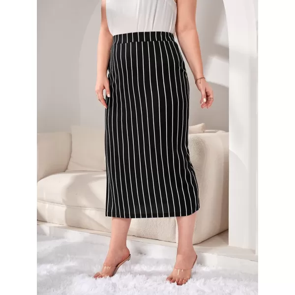 WDIRARA Women's Plus Size Striped High Waist Split Thigh Elegant Midi Skirt
