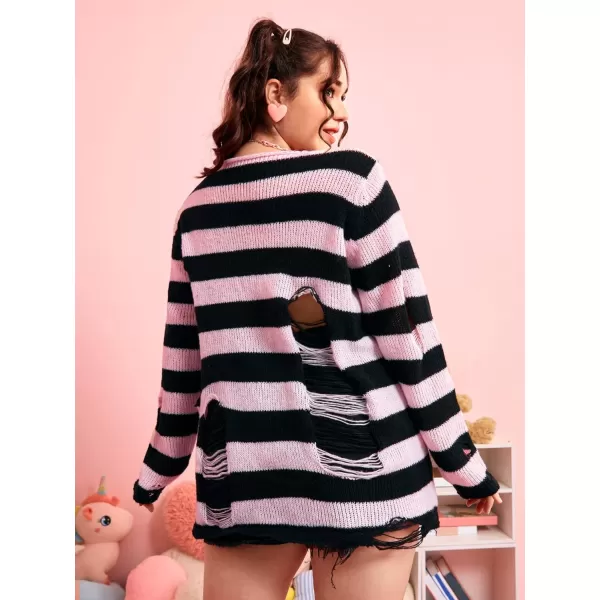 WDIRARA Women's Plus Size Striped Ripped Round Neck Long Sleeve Sweater Knit Pullovers