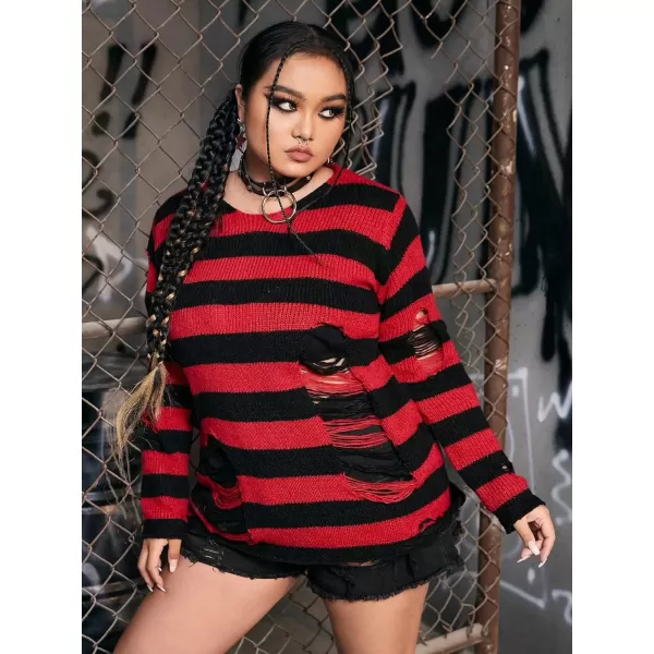 WDIRARA Women's Plus Size Striped Ripped Round Neck Long Sleeve Sweater Knit Pullovers