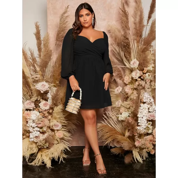WDIRARA Women's Plus Size Sweetheart Neck Bishop Long Sleeve Wrap Flared A Line Dress