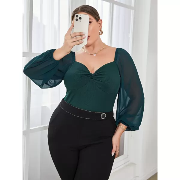 WDIRARA Women's Plus Size Sweetheart Neckline Mesh Long Sleeve Twist Front Top Blouse