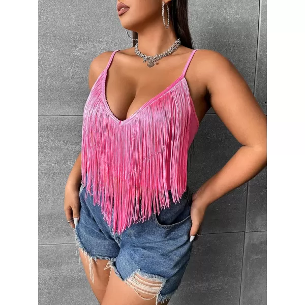 WDIRARA Women's Plus Size V Neck Fringe Trim Spaghetti Strap Club Crop Cami Top