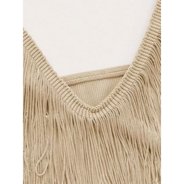 WDIRARA Women's Plus Size V Neck Fringe Trim Spaghetti Strap Club Crop Cami Top