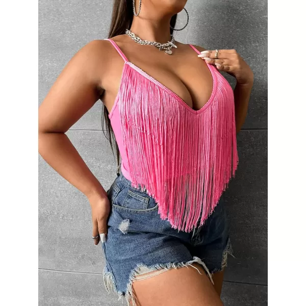 WDIRARA Women's Plus Size V Neck Fringe Trim Spaghetti Strap Club Crop Cami Top