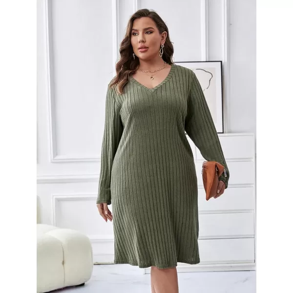 WDIRARA Women's Plus Size V Neck Ribbed Tee Dress Long Sleeve Loose Fit Knee Long Causal Fall Dresses