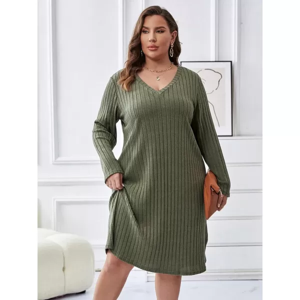 WDIRARA Women's Plus Size V Neck Ribbed Tee Dress Long Sleeve Loose Fit Knee Long Causal Fall Dresses