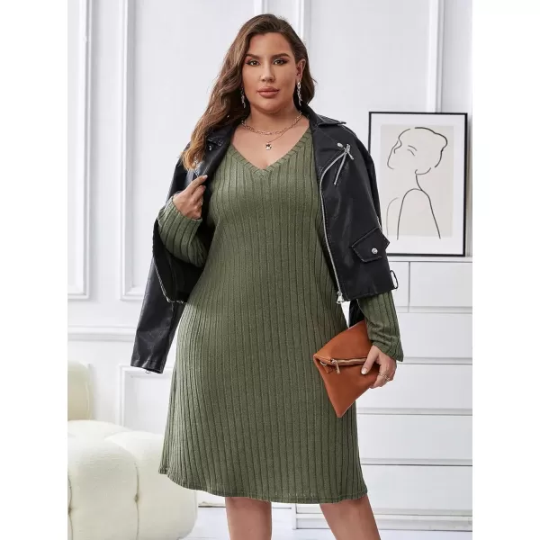 WDIRARA Women's Plus Size V Neck Ribbed Tee Dress Long Sleeve Loose Fit Knee Long Causal Fall Dresses
