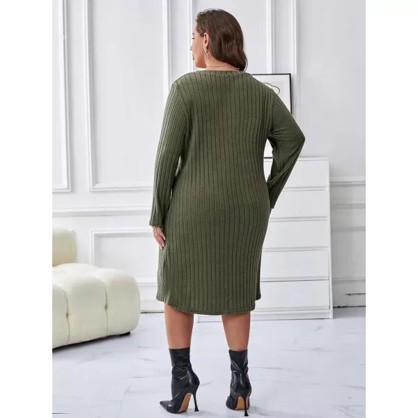 WDIRARA Women's Plus Size V Neck Ribbed Tee Dress Long Sleeve Loose Fit Knee Long Causal Fall Dresses