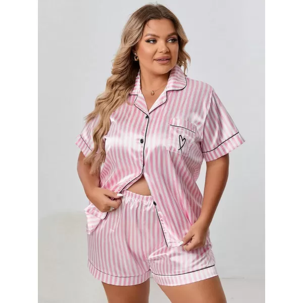 WDIRARA Women's Plus Sleepwear Satin Short Sleeve Shirt and Shorts Pajama Set