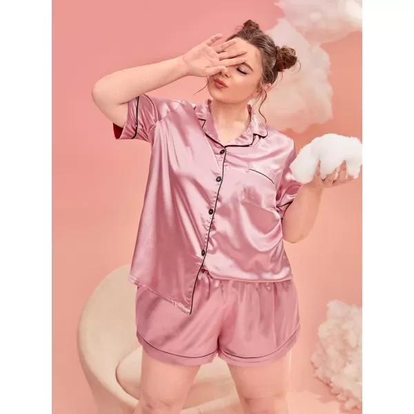 WDIRARA Women's Plus Sleepwear Satin Short Sleeve Shirt and Shorts Pajama Set