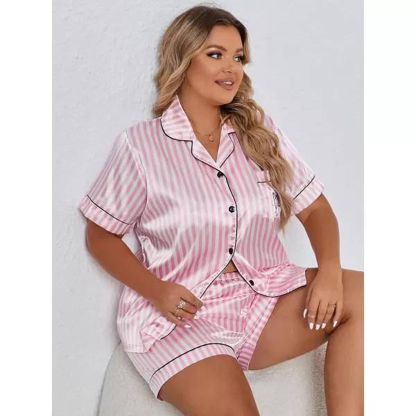 WDIRARA Women's Plus Sleepwear Satin Short Sleeve Shirt and Shorts Pajama Set