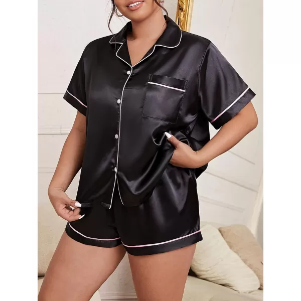 WDIRARA Women's Plus Sleepwear Satin Short Sleeve Shirt and Shorts Pajama Set