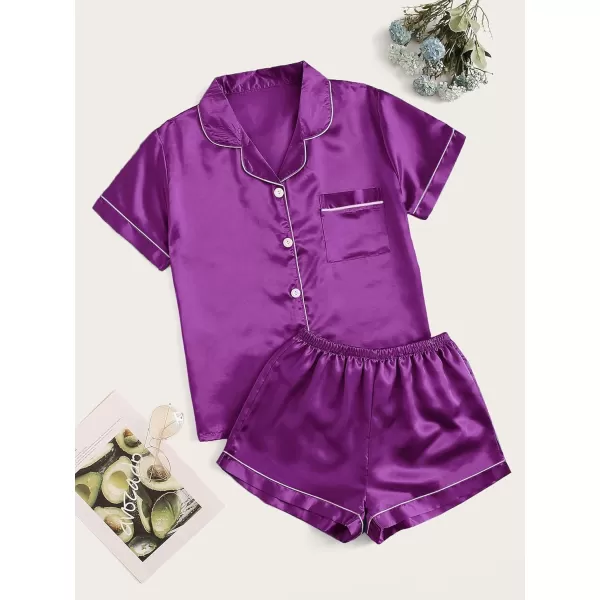 WDIRARA Women's Plus Sleepwear Satin Short Sleeve Shirt and Shorts Pajama Set