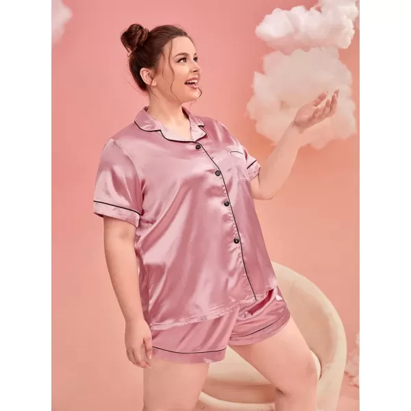 WDIRARA Women's Plus Sleepwear Satin Short Sleeve Shirt and Shorts Pajama Set