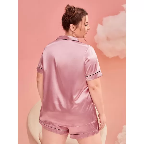 WDIRARA Women's Plus Sleepwear Satin Short Sleeve Shirt and Shorts Pajama Set