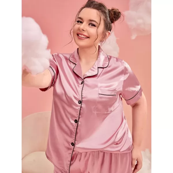 WDIRARA Women's Plus Sleepwear Satin Short Sleeve Shirt and Shorts Pajama Set