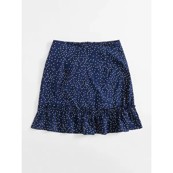 WDIRARA Women's Polka Dots Knot Wrap Side Ruffle Mini Skirt