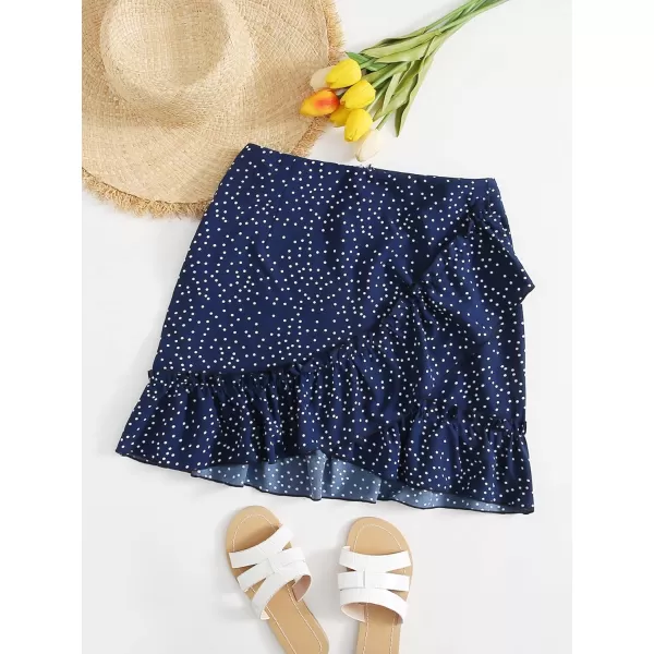 WDIRARA Women's Polka Dots Knot Wrap Side Ruffle Mini Skirt