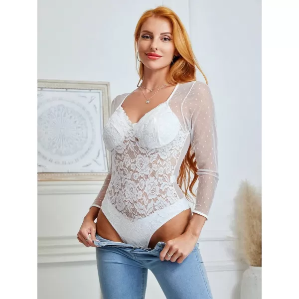 WDIRARA Women's Polka Dots Lace Sweetheart Neck Mesh Long Sleeve Skinny Bodysuit