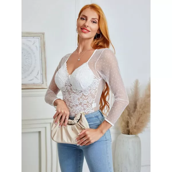 WDIRARA Women's Polka Dots Lace Sweetheart Neck Mesh Long Sleeve Skinny Bodysuit