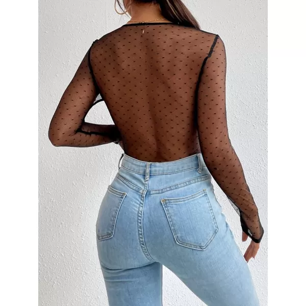 WDIRARA Women's Polka Dots Lace Sweetheart Neck Mesh Long Sleeve Skinny Bodysuit