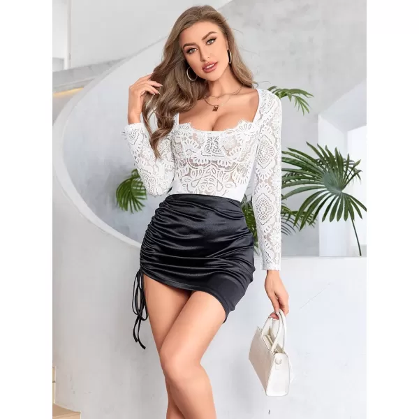 WDIRARA Women's Polka Dots Lace Sweetheart Neck Mesh Long Sleeve Skinny Bodysuit