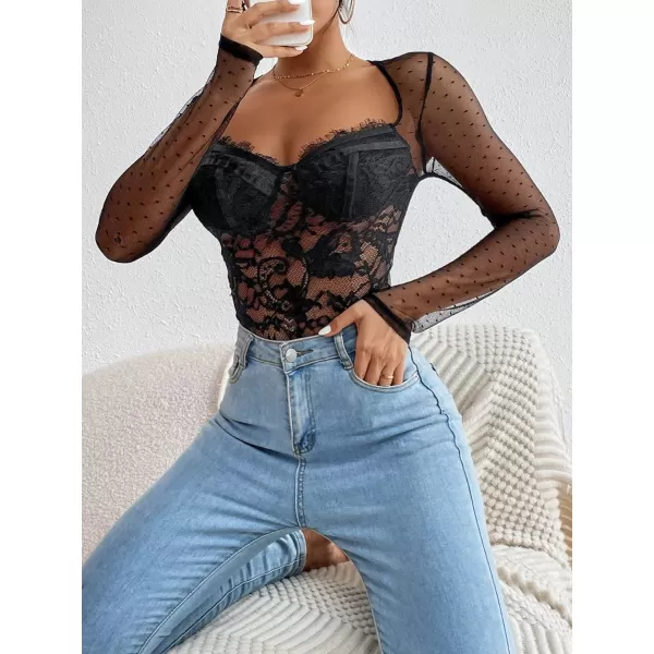 WDIRARA Women's Polka Dots Lace Sweetheart Neck Mesh Long Sleeve Skinny Bodysuit