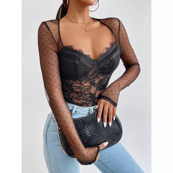 WDIRARA Women's Polka Dots Lace Sweetheart Neck Mesh Long Sleeve Skinny Bodysuit