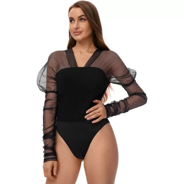 WDIRARA Women's Polka Dots Lace Sweetheart Neck Mesh Long Sleeve Skinny Bodysuit