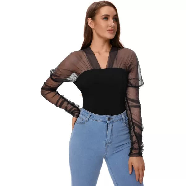WDIRARA Women's Polka Dots Lace Sweetheart Neck Mesh Long Sleeve Skinny Bodysuit