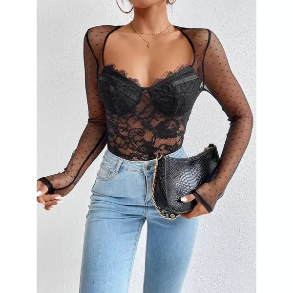 WDIRARA Women's Polka Dots Lace Sweetheart Neck Mesh Long Sleeve Skinny Bodysuit
